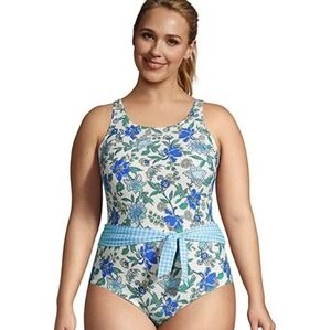 Lands' End High Neck Tummy Control Belted One Piece Floral Gingham Swimsuit